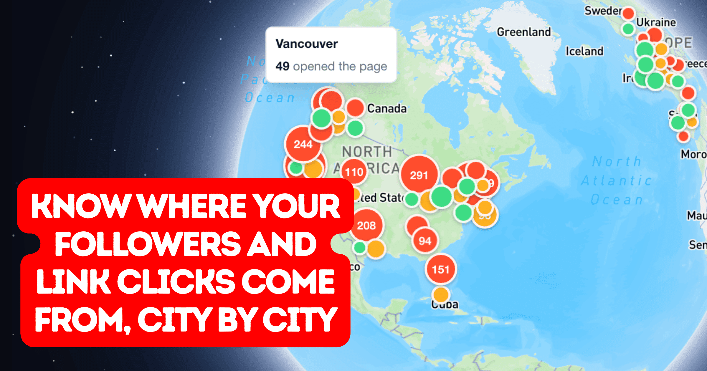 A globe with a creator's followers marked on it, city by city: 2,671 people across 28 places in North America and Europe.